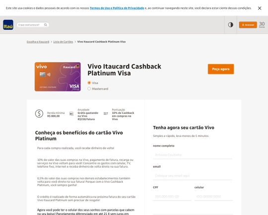 cartão de crédito Vivo Itaucard Cashback Platinum Visa Logo