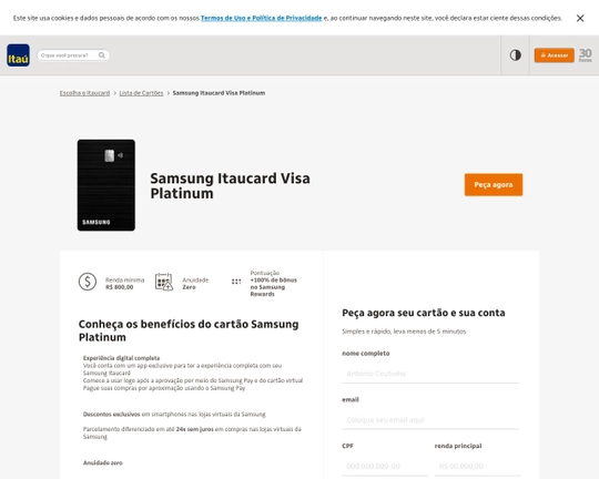 Samsung Itaucard  - Cartão Platinum sem anuidade